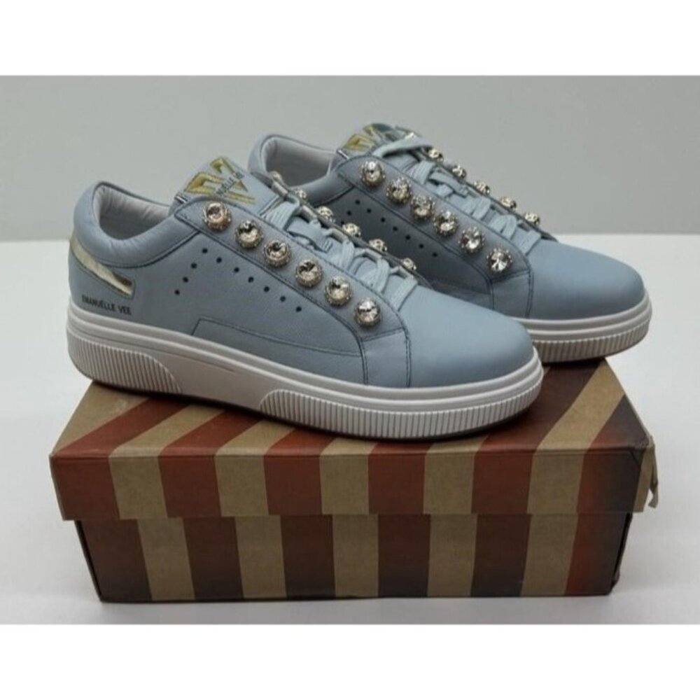 EMANUELLE VEE Celeste July Strass Pelle Blue Rhinestone Embellished Sneakers 40